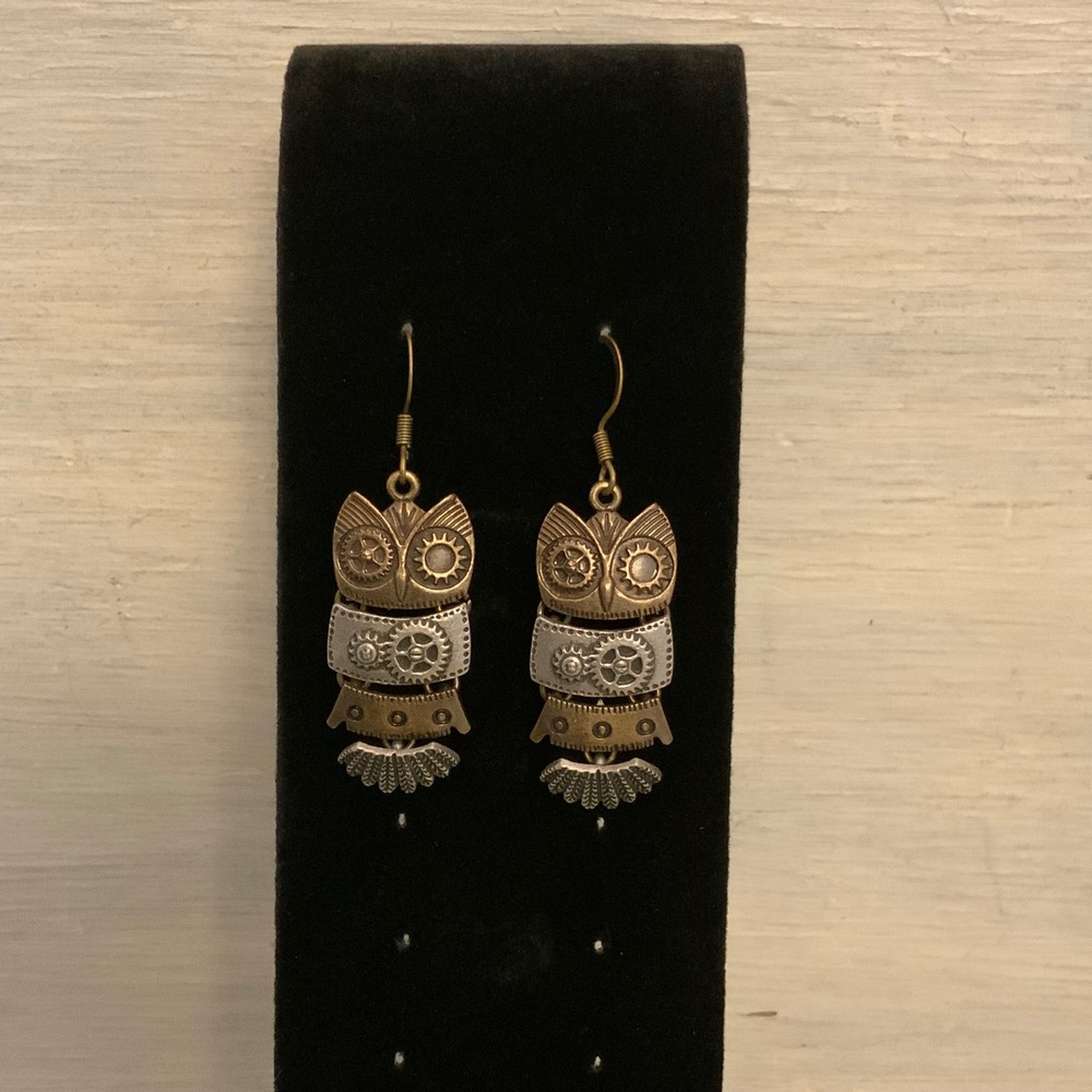 Steampunk‎ Mixed Metal Segmented Dangling Owl Earrings Good Condition